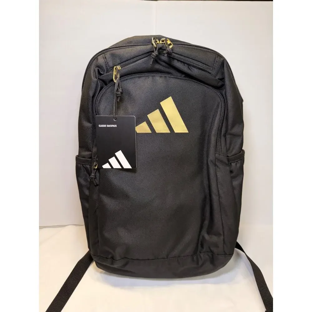 Adidas Classic Backpack Black Gold Logo Laptop School Travel Gym Bookbag NWT